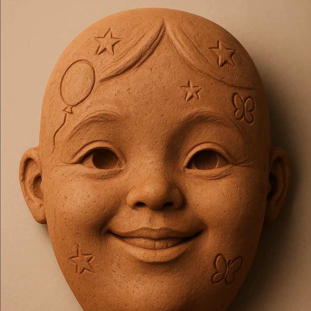 A handcrafted clay mask sculpted from Aswan clay, shaped like a child’s face 2.jpg