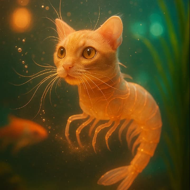The shrimp’s head is now distinctly feline — small rounded face, short snout, golden eyes wide open2@2x.jpg