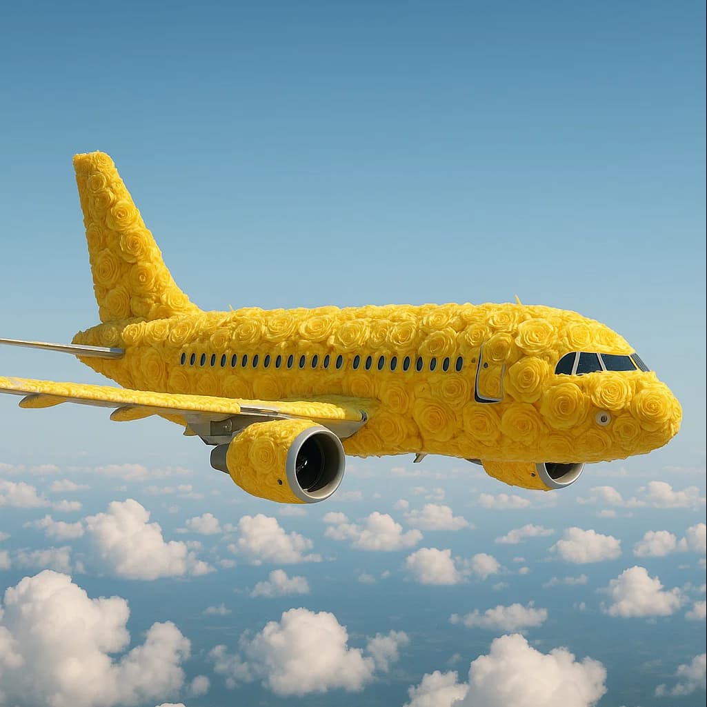 plane flying high above the clouds, completely covered in yellow roses.2.jpg